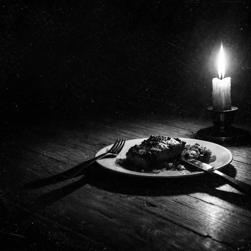 Single candlelit course casting long shadows across a table