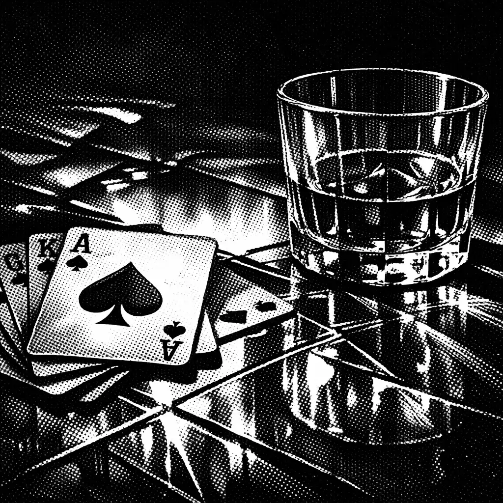 Playing cards and glass casting long shadows