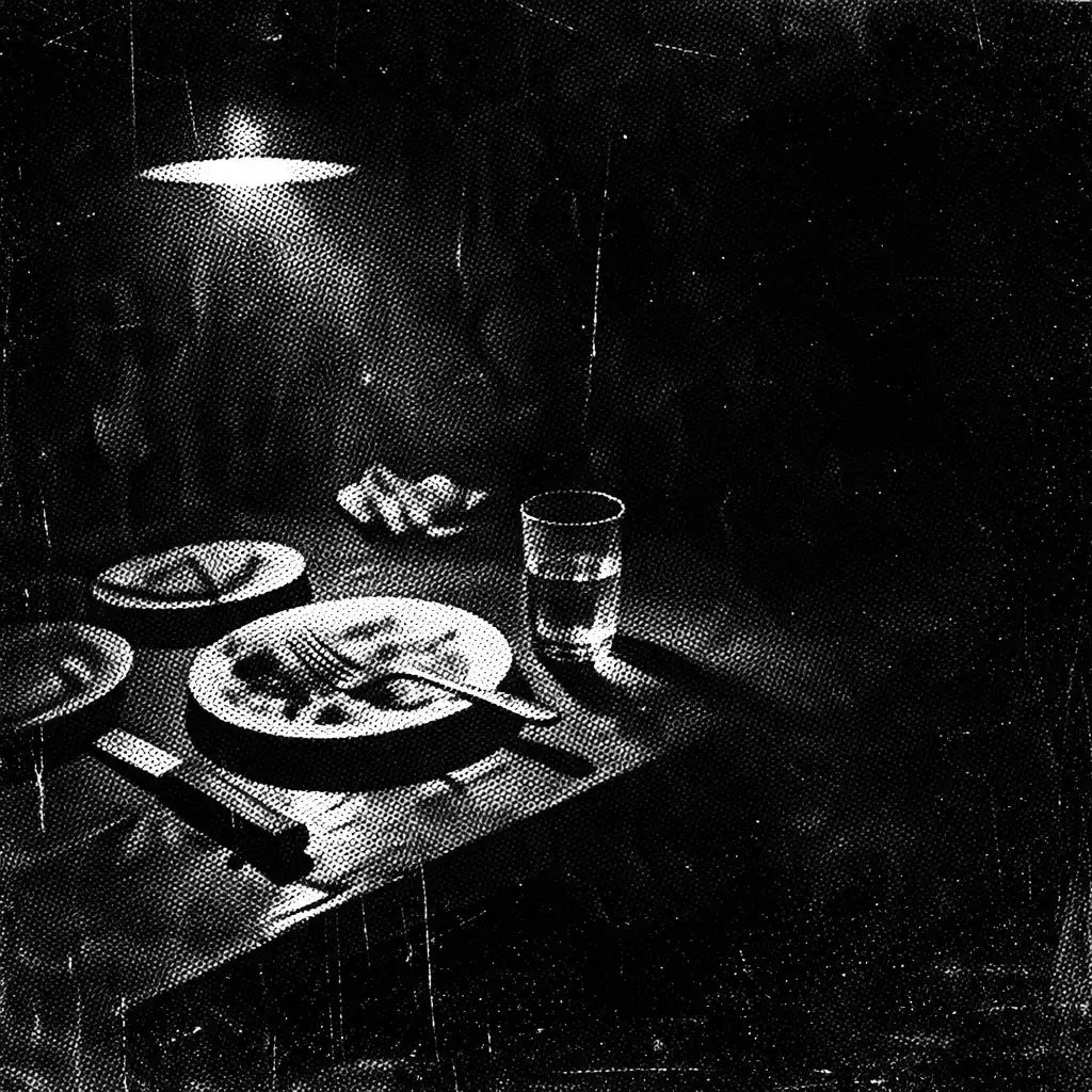 Dimly lit noir restaurant table with shadows