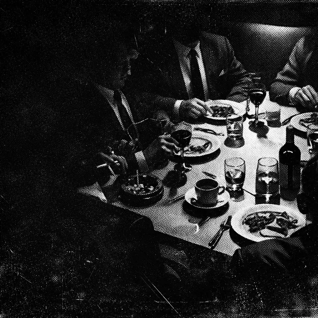 Corporate dinner table under dramatic noir lighting with shadowed figures