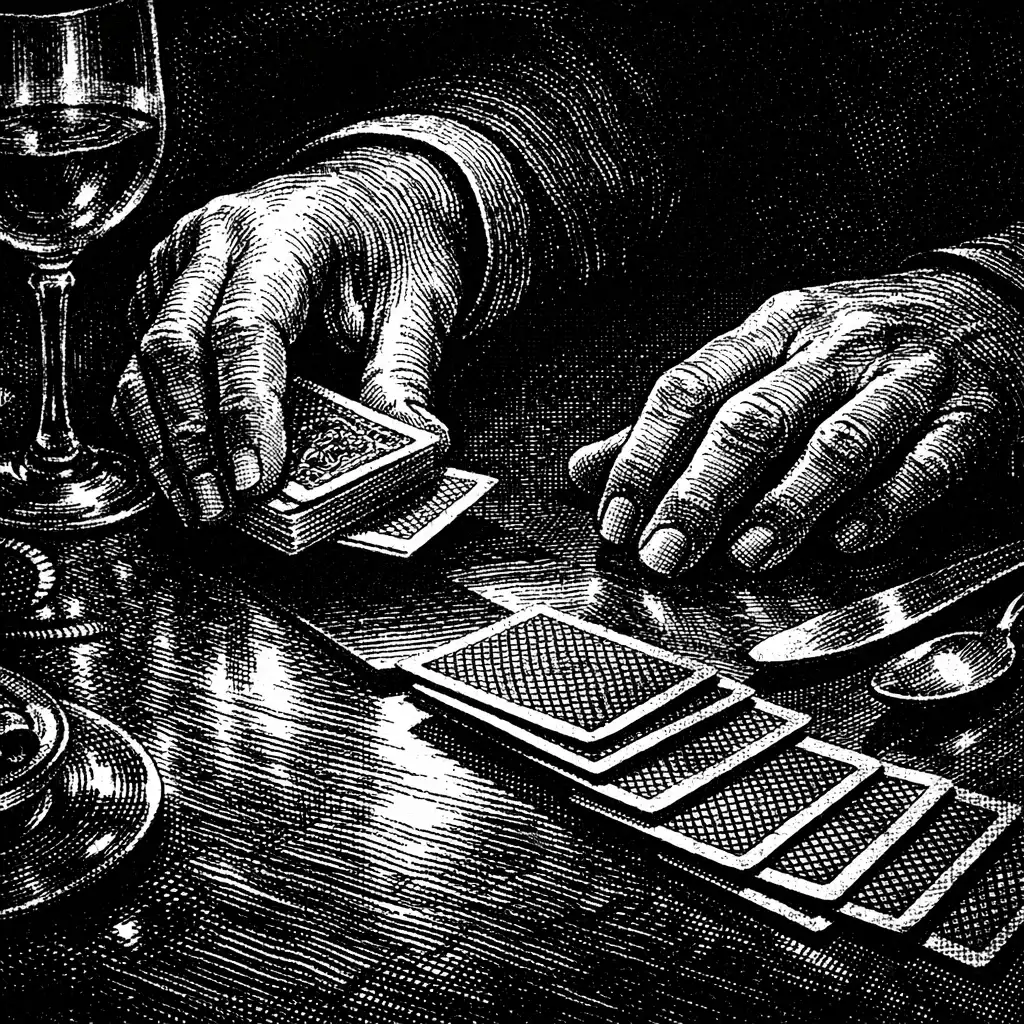 Close-up of hands dealing cards at a refined table with dramatic lighting