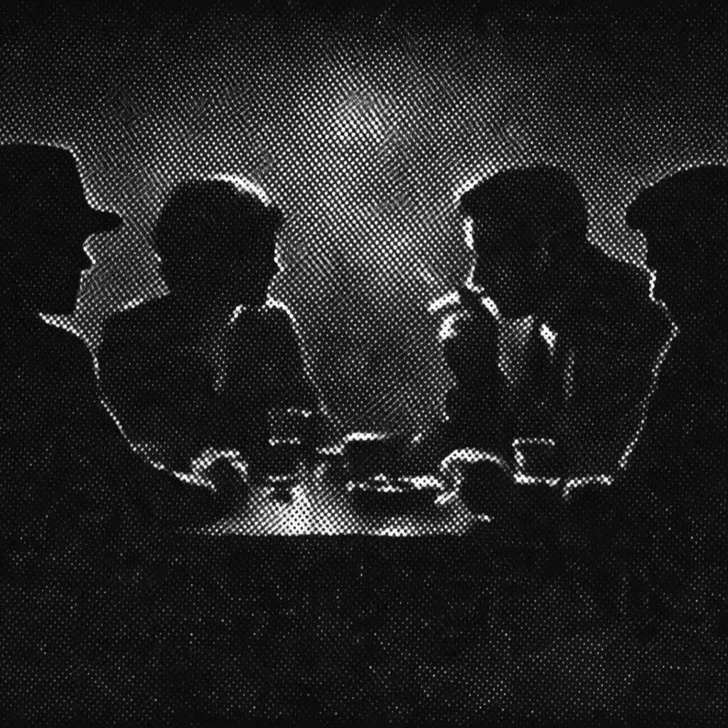 Group in silhouette around table