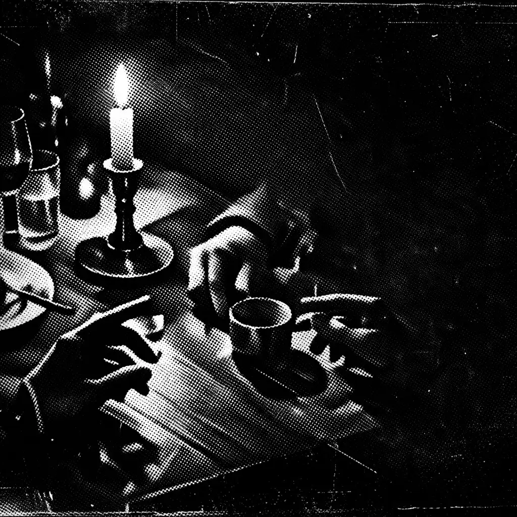 Candlelit dining table in deep shadow