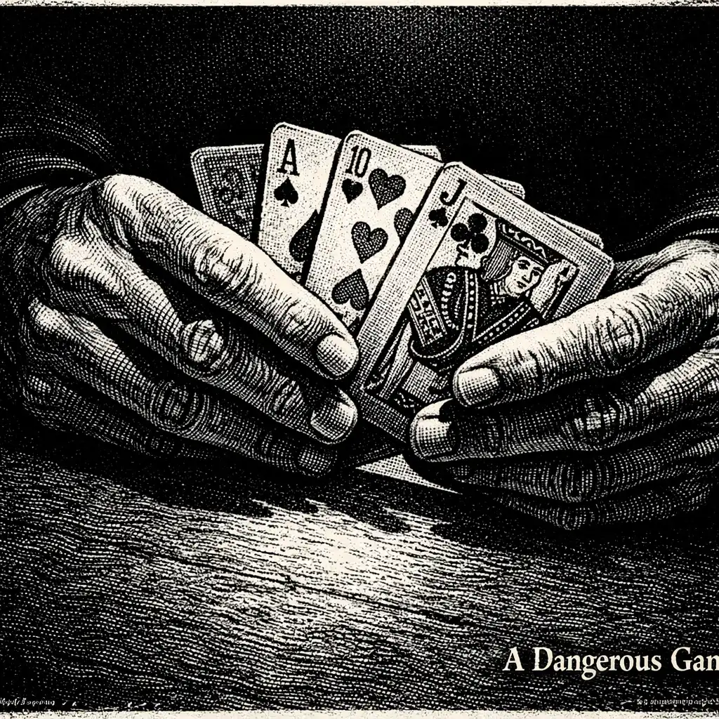 Close-up of hands holding playing cards in dramatic light