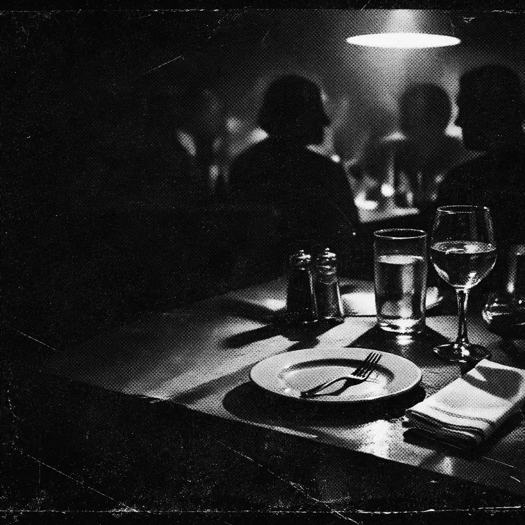 Dimly lit noir dining table with guests in shadow