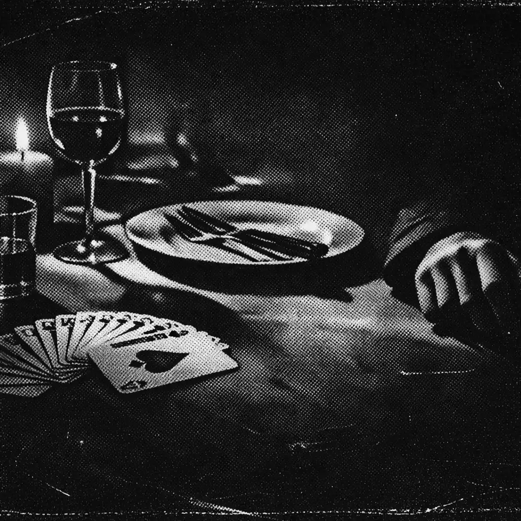 Dimly lit table with cards and glassware in noir setting