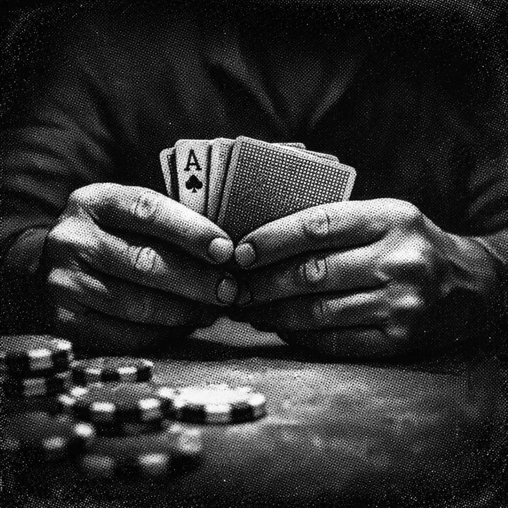 Hands holding playing cards in a dimly lit setting