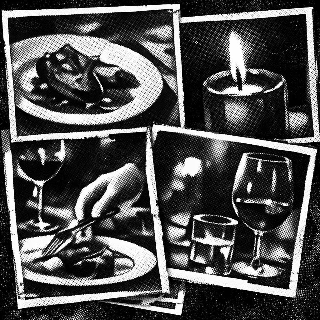 Collage of noir dining moments with candlelight and plated dishes