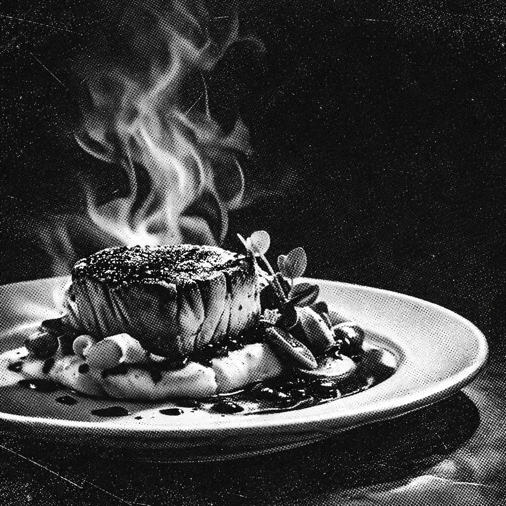 Dramatic plated dish in noir lighting