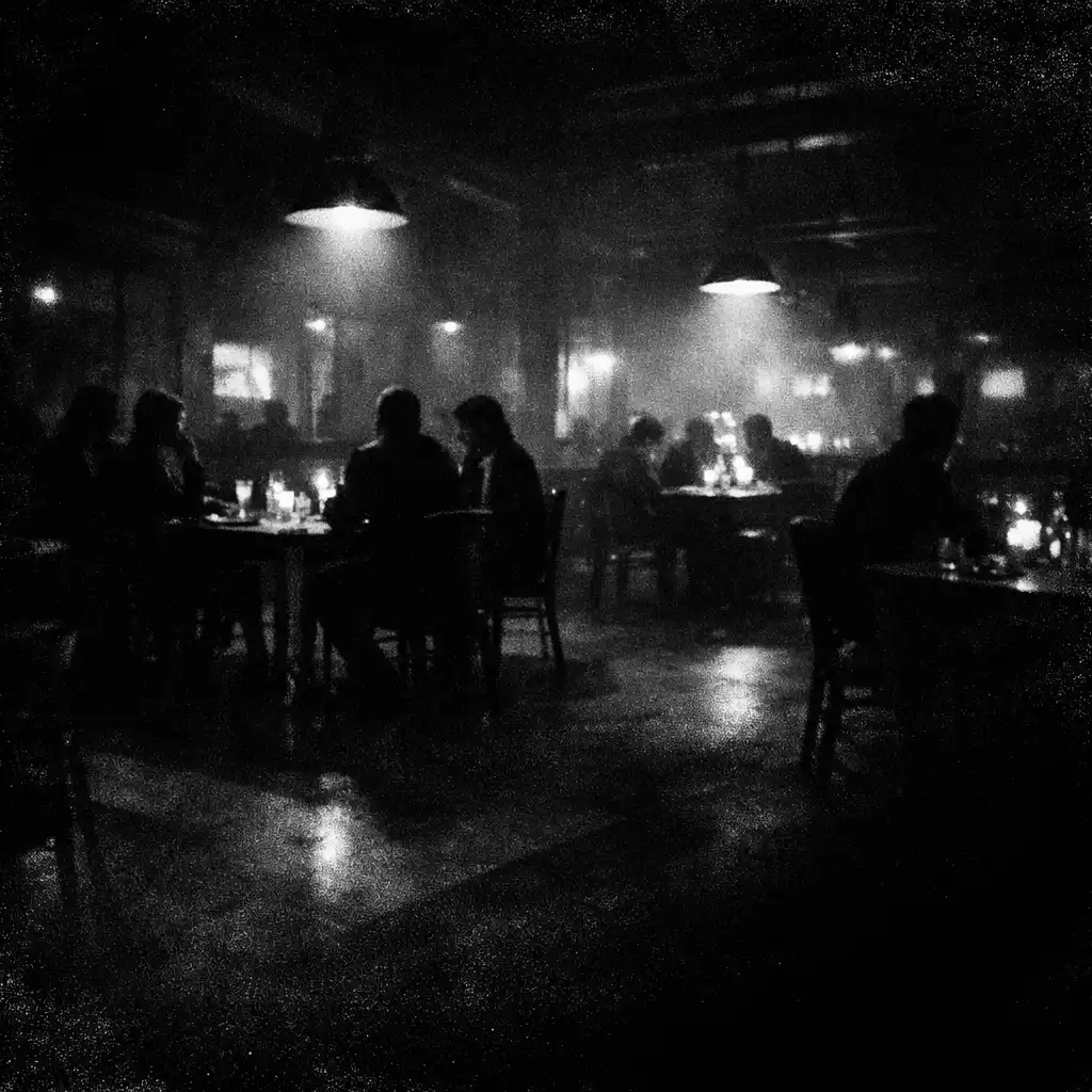 Dim noir restaurant interior with shadow and light