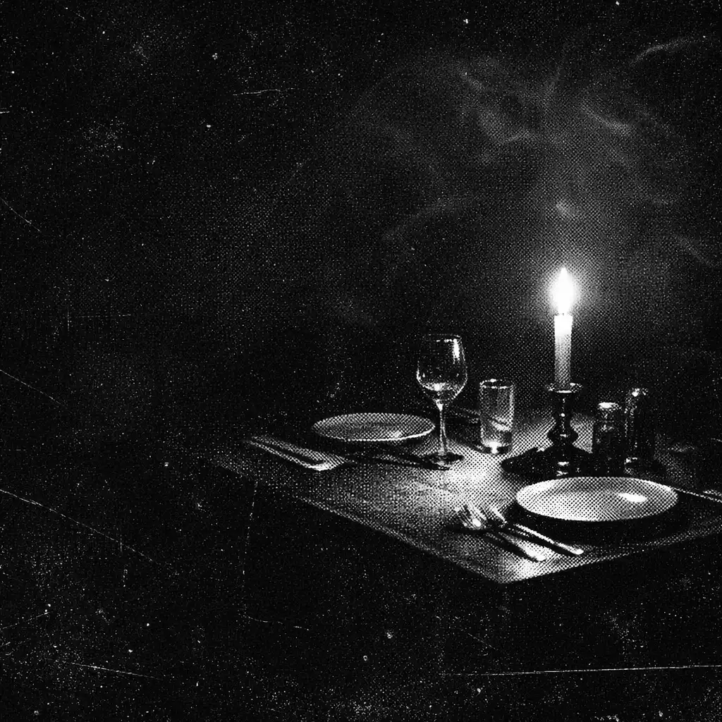 Candlelit noir dining table emerging from darkness
