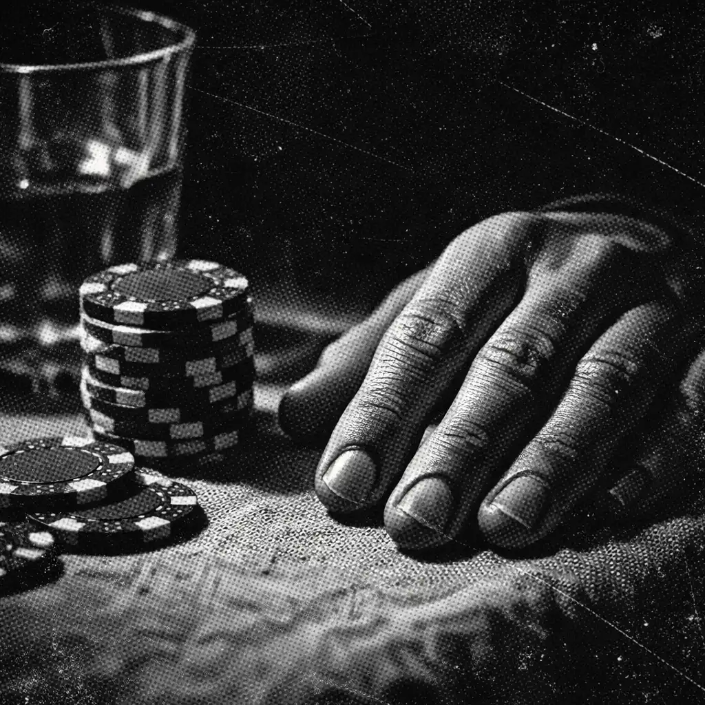 Close-up of hand near poker chips on textured table