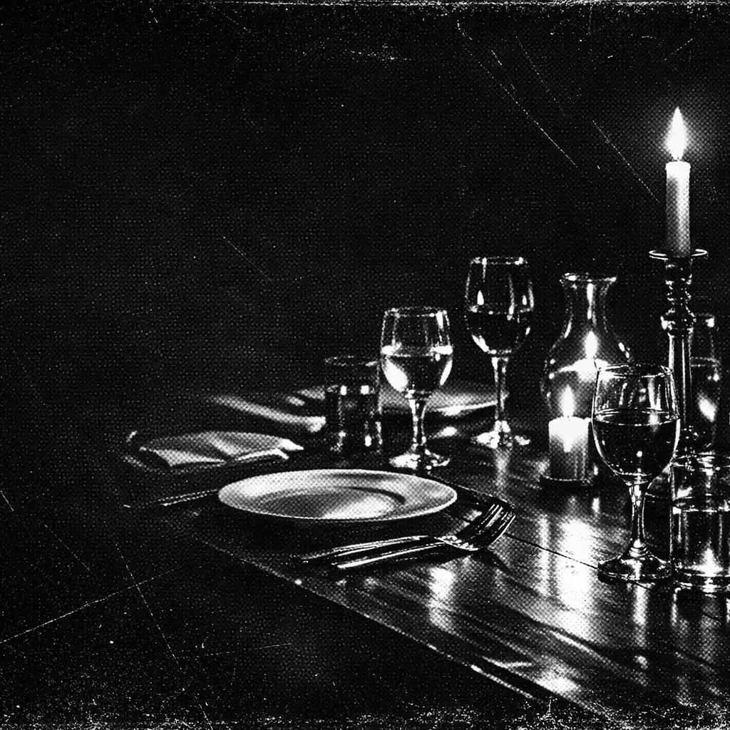Candlelit table emerging from darkness