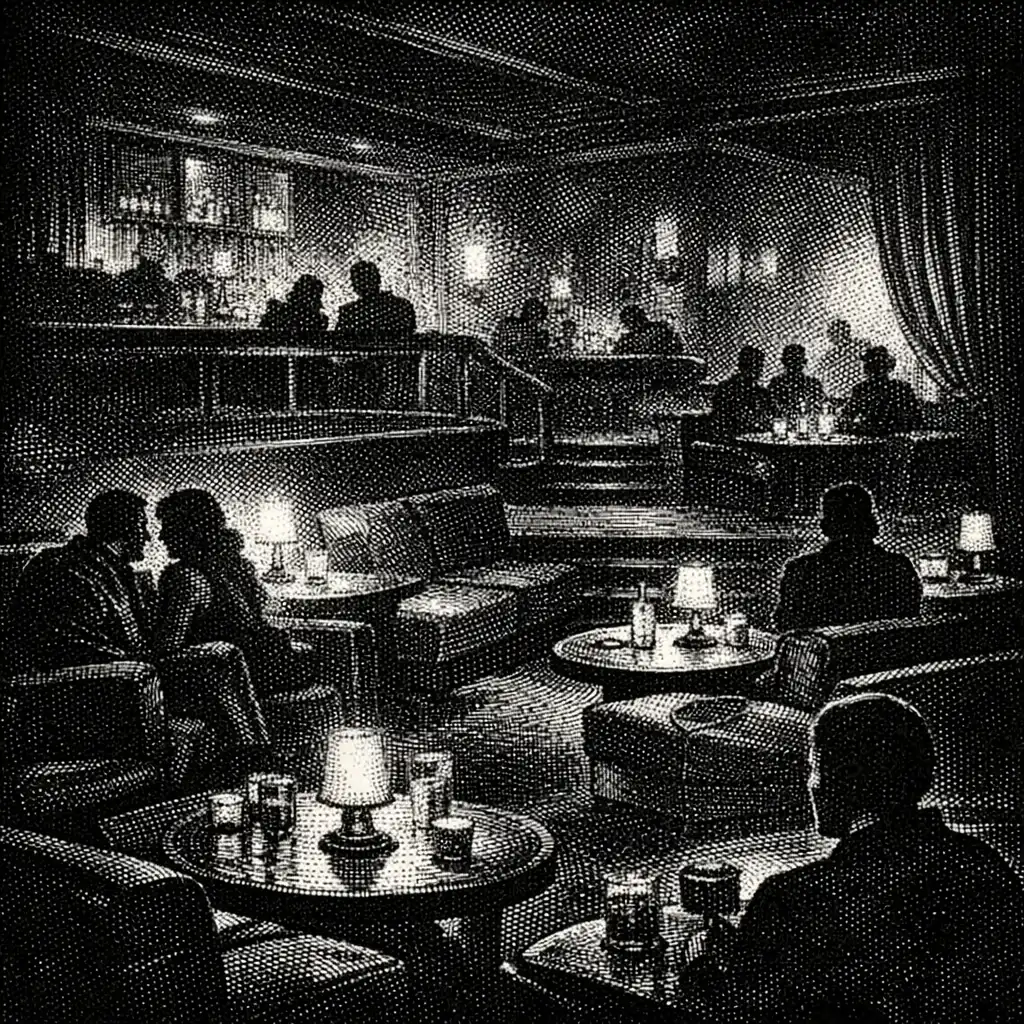 Dim lounge layout with layered seating and shadow