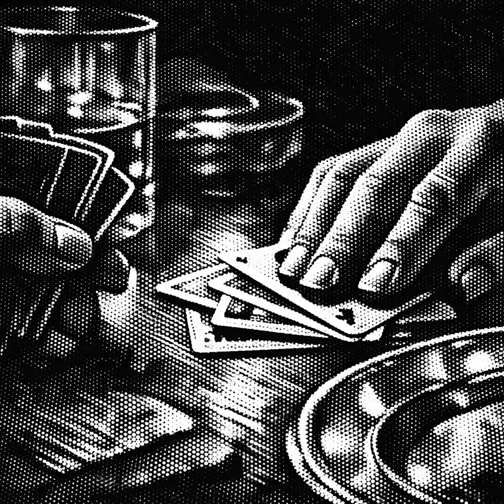 Close-up of hands, cards and glassware on table